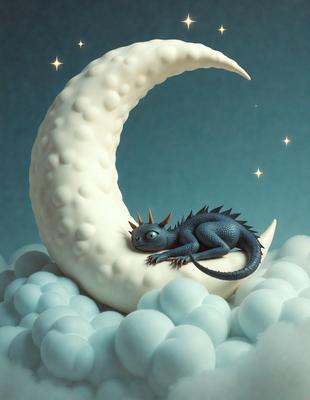 The primary subject of the image is a dragon, which is lying on a cloud. The dragon appears to be sleeping or resting on the cloud, creating a peaceful and serene atmosphere. The setting is a night sky, with a moon visible in the background. The visual style of the image is a combination of digital art and illustration, giving it a unique and creative appearance. The colors used in the image are predominantly shades of blue and white, which contribute to the overall mood of the scene.